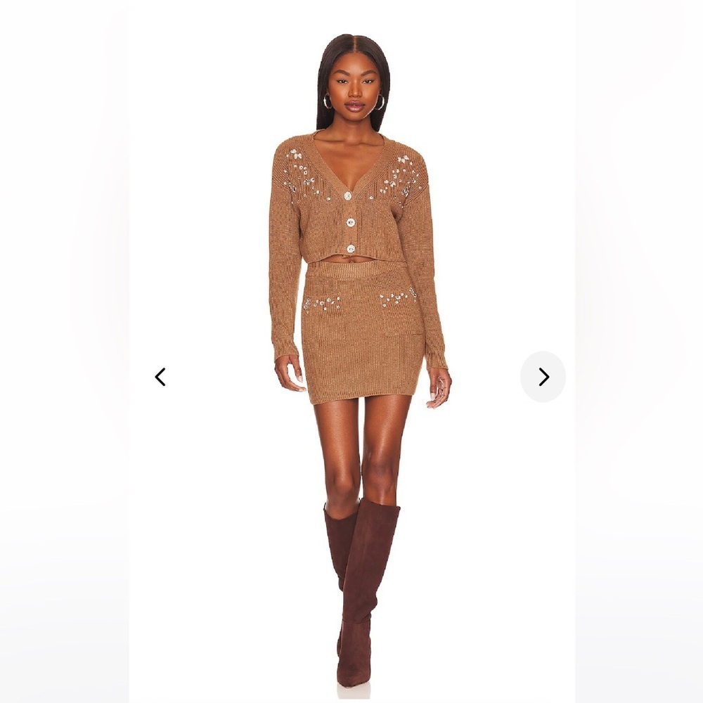 Lovers + Friends Brown Knit Cardigan and Skirt Set